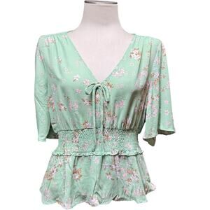 Lily White V-Neck Flowy Top Floral Green Pink XL